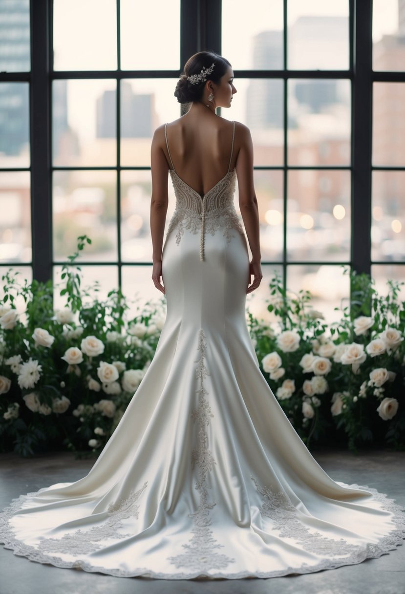 A bias-cut silk wedding dress with a low back, delicate spaghetti straps, and a flowing train, adorned with intricate beadwork and lace appliques