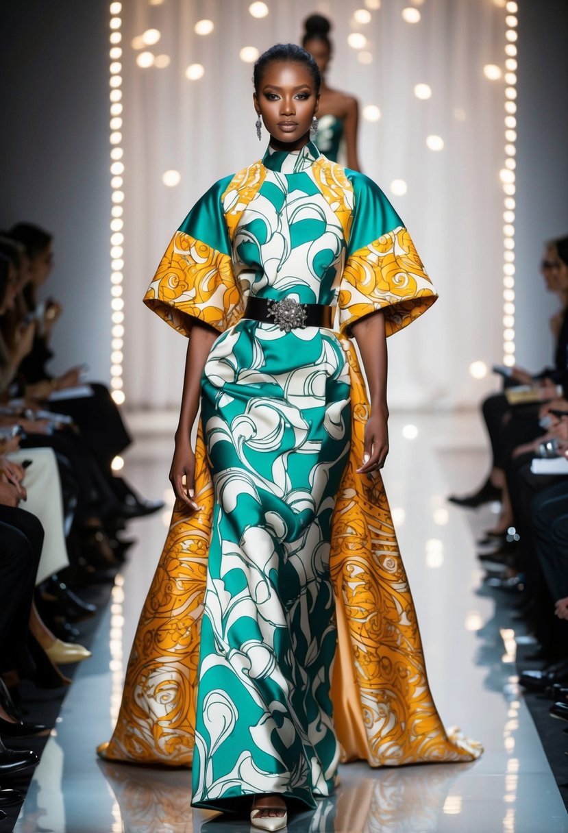 A model in a 1990s-inspired wedding dress struts down a runway, with bold patterns, oversized sleeves, and a high neckline