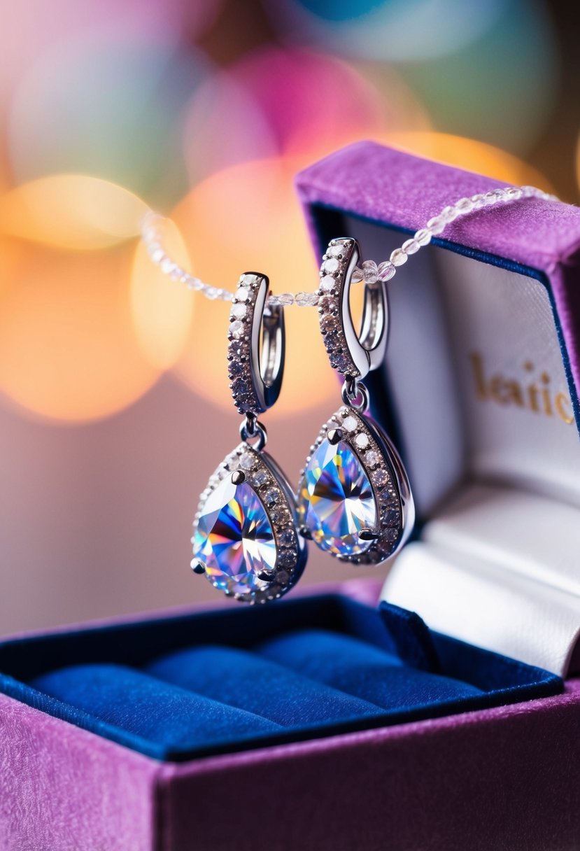 A sparkling zirconia wedding earring dangles from a velvet jewelry box, catching the light and reflecting a rainbow of colors