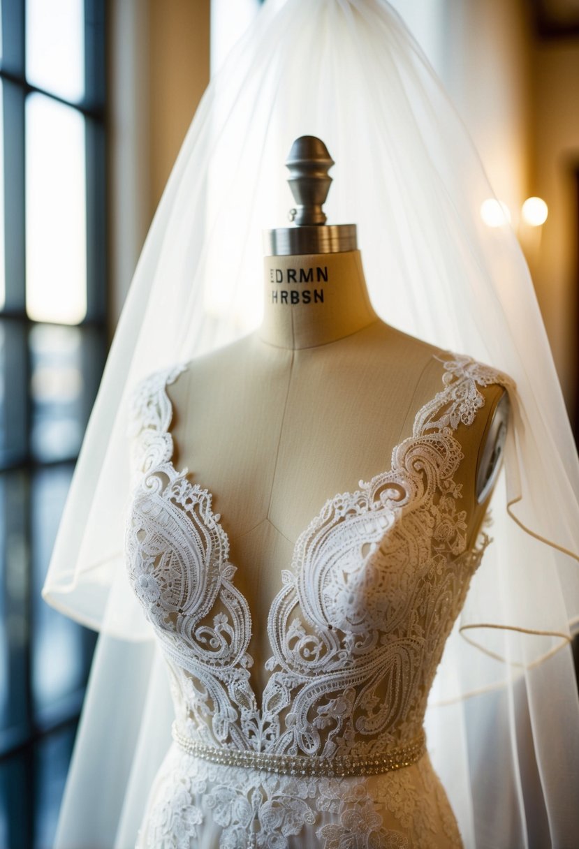 A 1990s style wedding dress featuring intricate lace textures and sophisticated design details