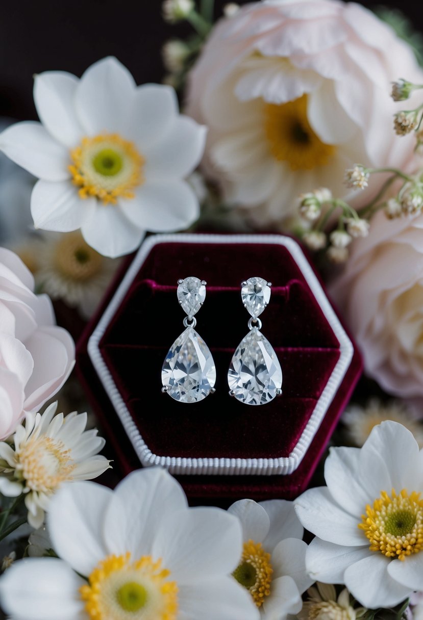 A sparkling pair of teardrop-shaped cubic zirconia earrings displayed on a velvet cushion, surrounded by delicate floral accents