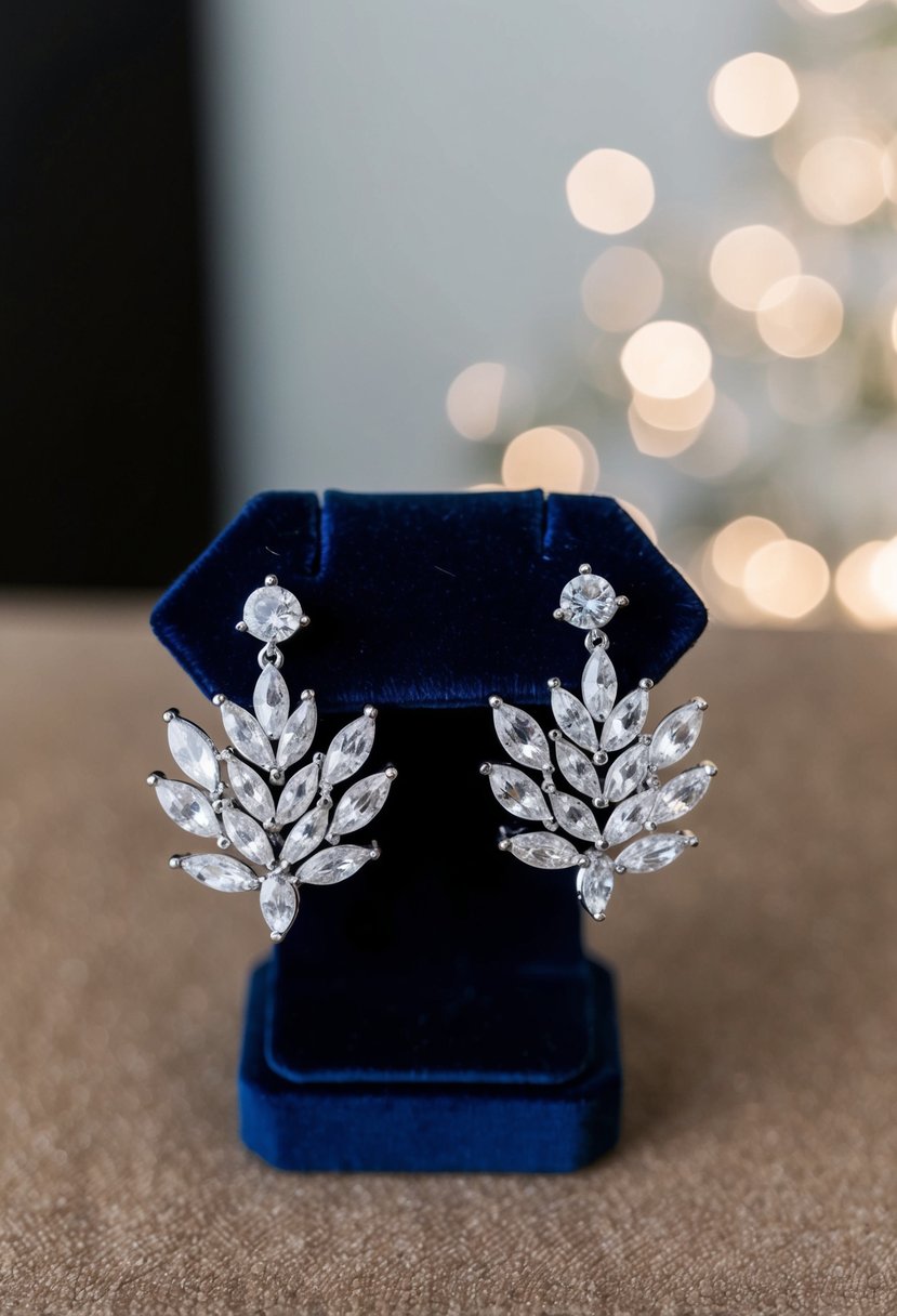 A pair of sparkling cubic zirconia leaf bridal earrings displayed on a velvet jewelry stand