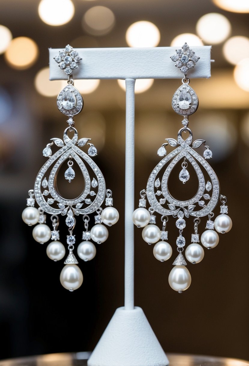 A pair of elegant chandelier earrings, featuring shimmering pearls and sparkling cubic zirconia stones, hanging from a display stand