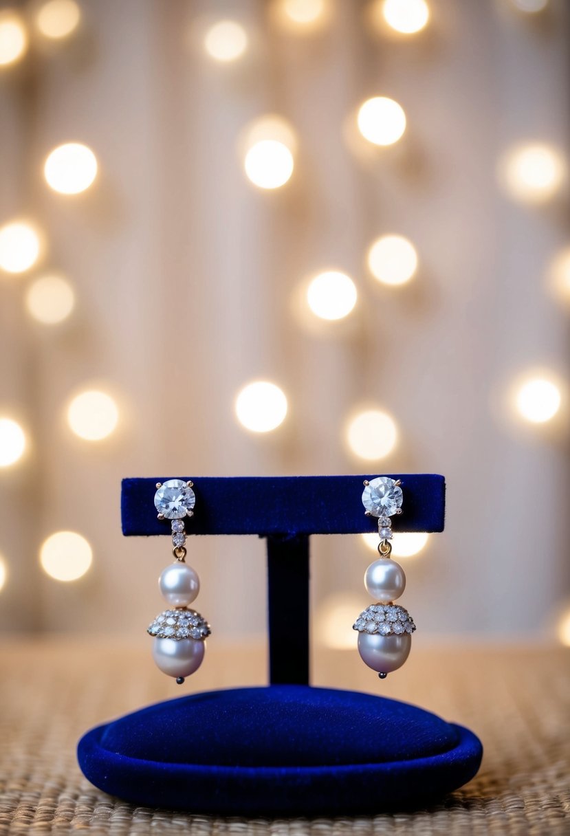 A sparkling pair of pearl wedding earrings displayed on a velvet cushion against a backdrop of soft, romantic lighting