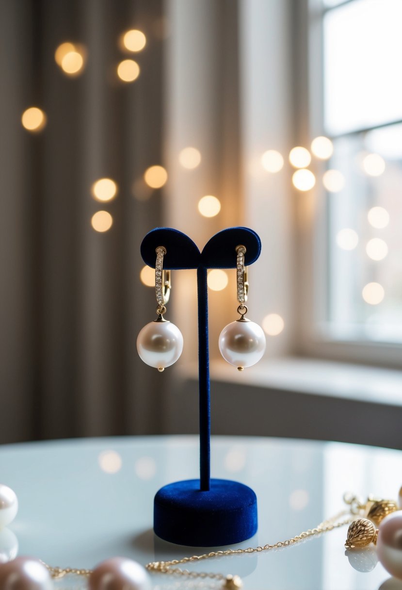 A delicate pair of pearl earrings displayed on a velvet jewelry stand, surrounded by soft, romantic lighting