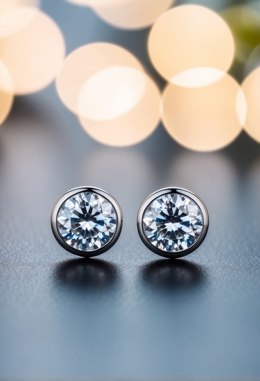 A close-up of a classic round stud earring with a sparkling cubic zirconia set in a simple and elegant design, perfect for a wedding