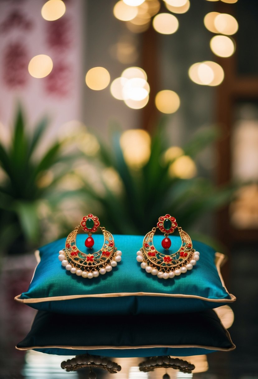 A traditional Korean wedding earring displayed on a silk cushion