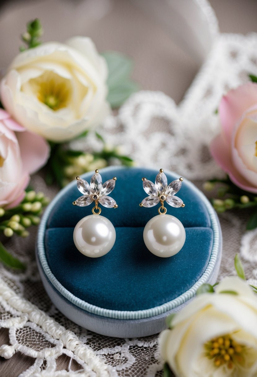 A pair of elegant Swarovski crystal pearl bridal earrings displayed on a velvet cushion, surrounded by delicate lace and floral accents