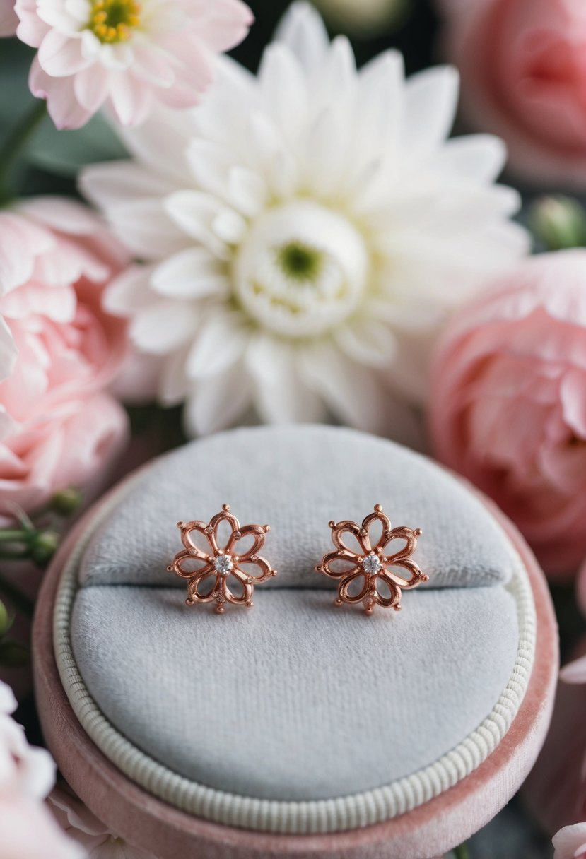 A delicate pair of rose gold princess earrings displayed on a velvet cushion, surrounded by soft pink and white flowers