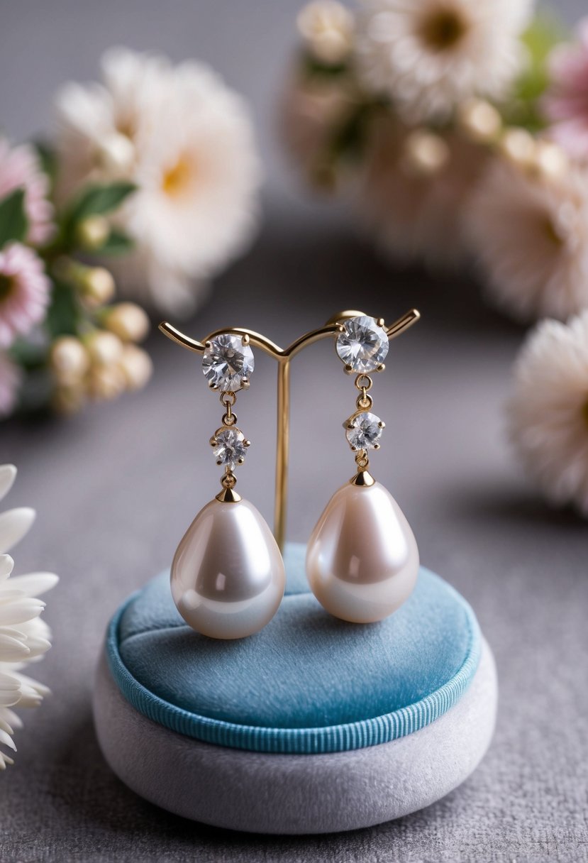 A pair of Mikimoto Akoya Cultured Pearl Drop Earrings displayed on a velvet cushion, surrounded by delicate floral arrangements