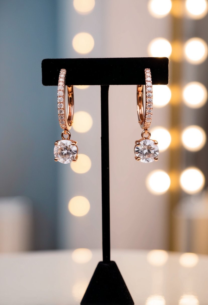 A pair of rose gold cubic zirconia dangle earrings hanging on a display stand, with soft lighting highlighting their sparkle