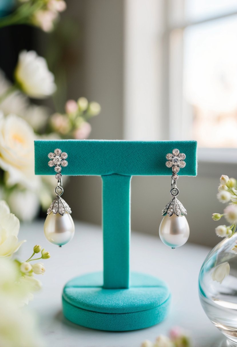 A pair of elegant Tiffany & Co. Victoria Pearl Drop Earrings displayed on a velvet jewelry stand, surrounded by soft lighting and delicate floral accents