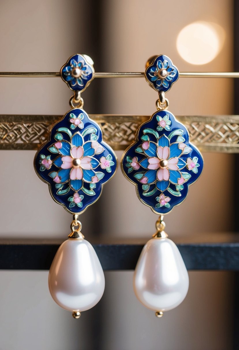 A pair of pearl drop earrings with intricate traditional Hanbok-inspired Korean design, featuring delicate floral and geometric patterns