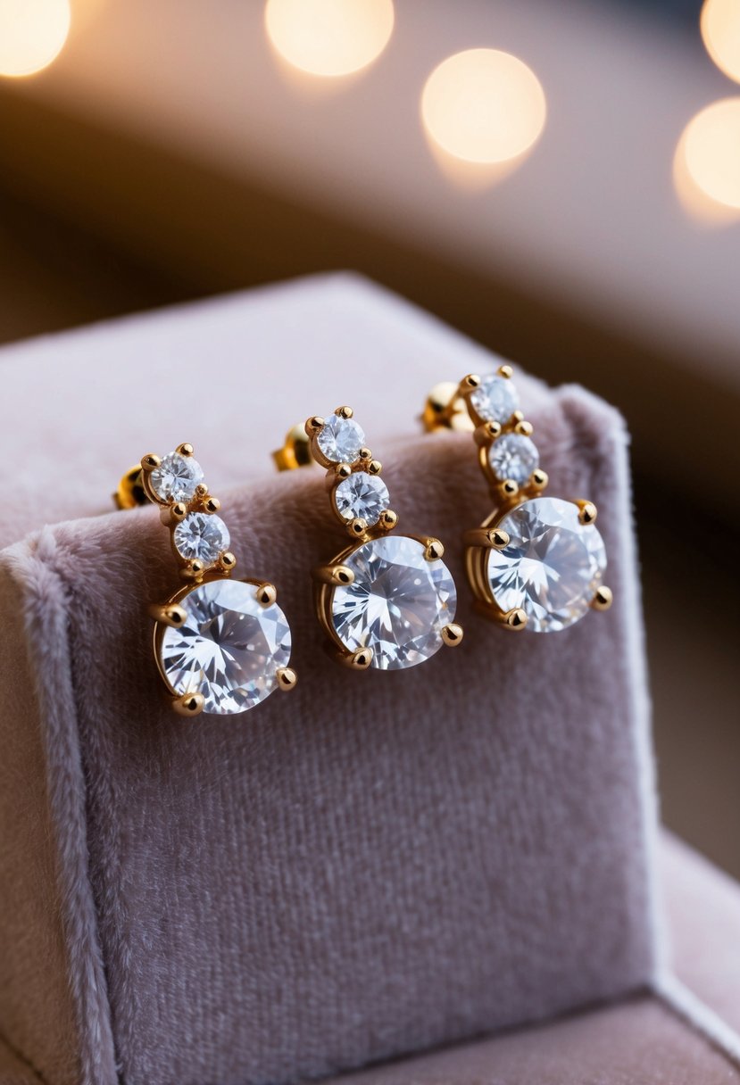 A close-up of vintage cut cubic zirconia earrings displayed on a velvet cushion with soft lighting to highlight their sparkle and elegance