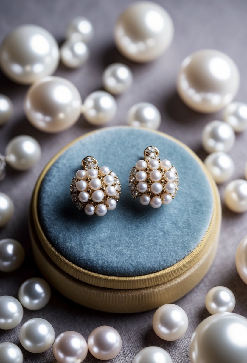 A pair of Cartier Agrafe Pearls Earrings displayed on a velvet cushion, surrounded by delicate pearl wedding earring designs