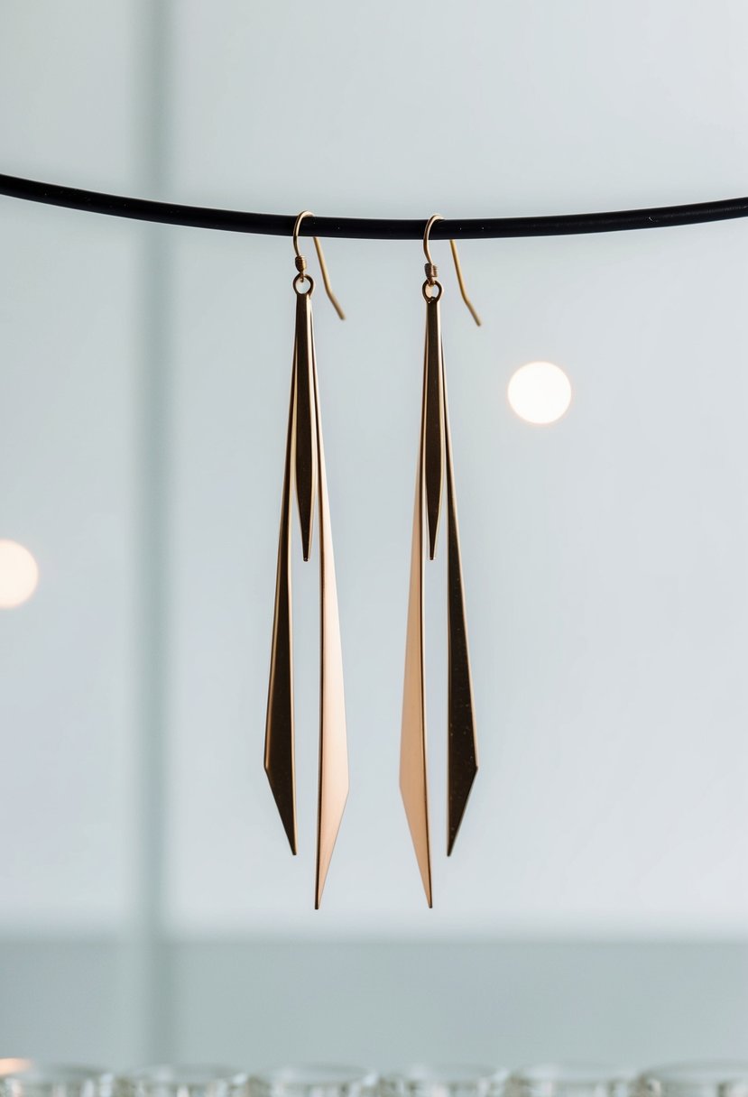 A pair of sleek, geometric threader earrings suspended against a clean, minimalist backdrop