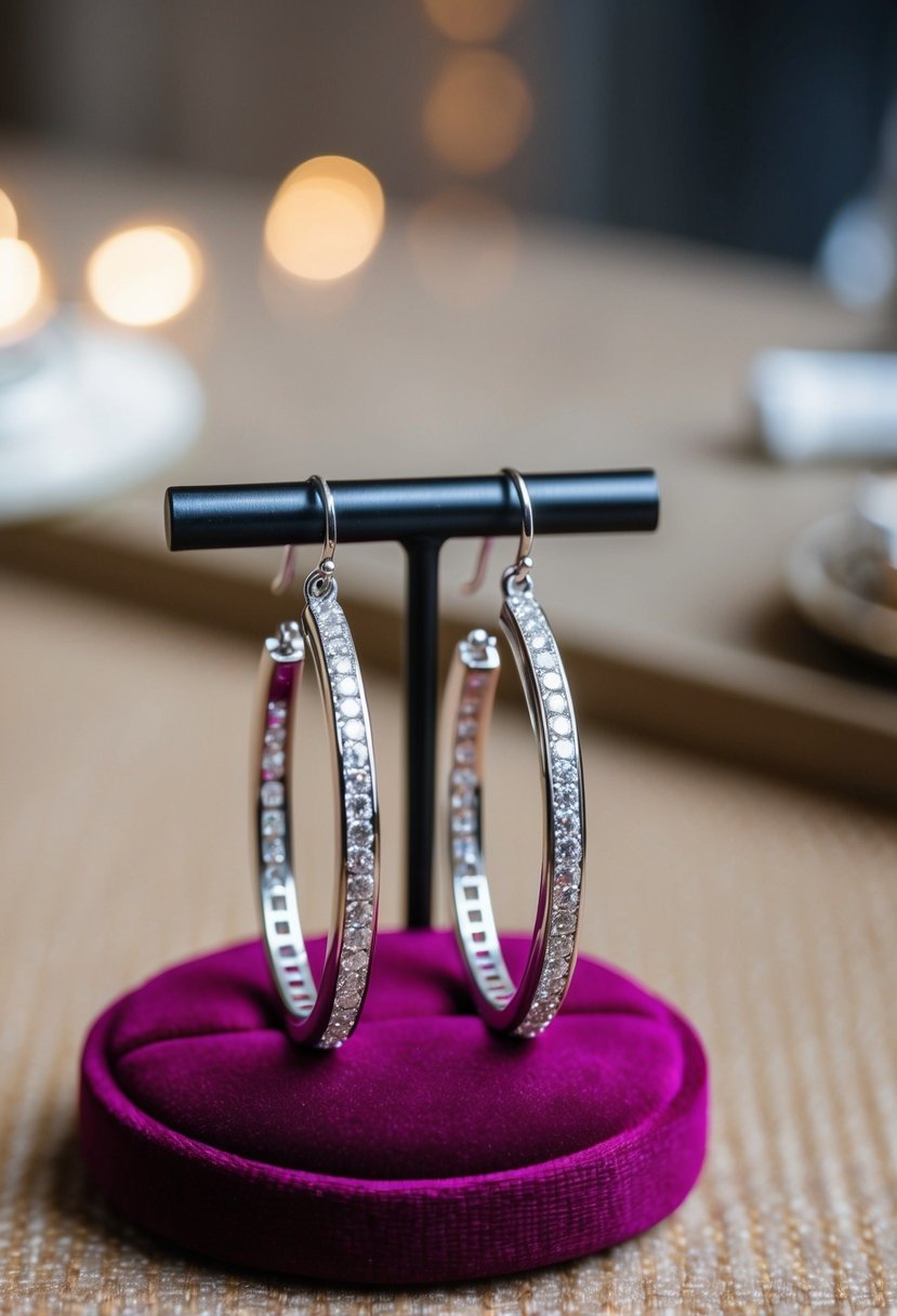 A pair of silver plated cubic zirconia hoops displayed on a velvet cushion with soft lighting