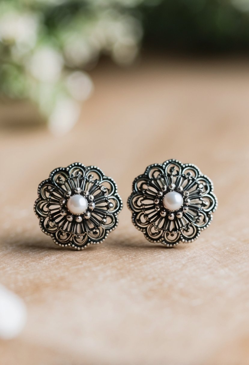 A pair of intricate vintage filigree floral studs, inspired by Korean wedding jewelry, gleaming under soft natural light