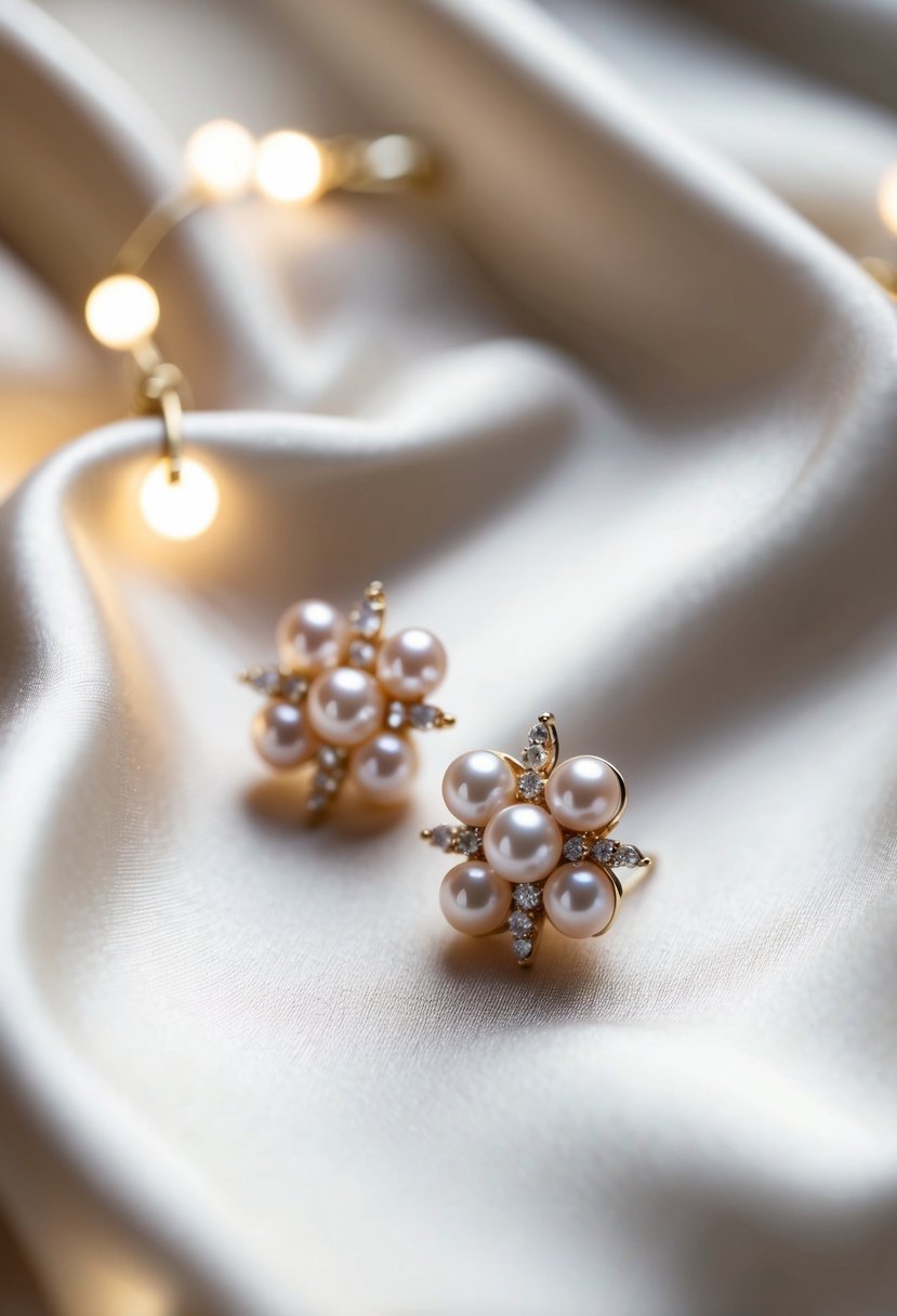 A close-up of elegant Harry Winston Pearl Cluster Earrings on a soft, luxurious fabric background, with delicate lighting to highlight the lustrous pearls