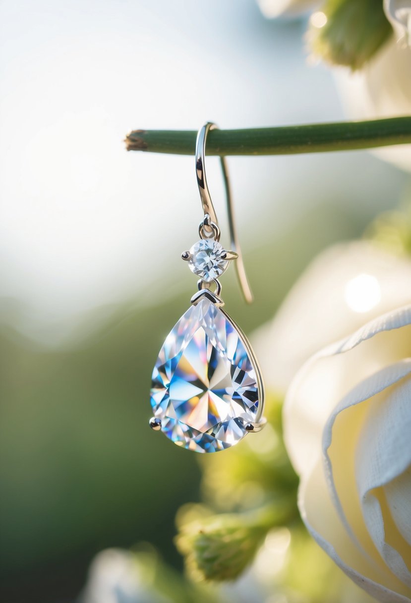 A sparkling teardrop-shaped cubic zirconia earring dangling from a delicate silver setting, catching the light in a romantic wedding setting