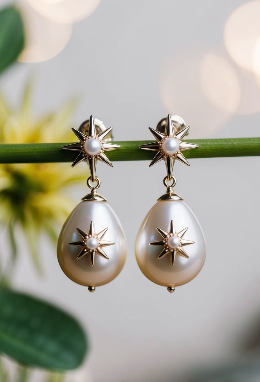 A pair of elegant pearl drop earrings with starburst designs, perfect for a wedding