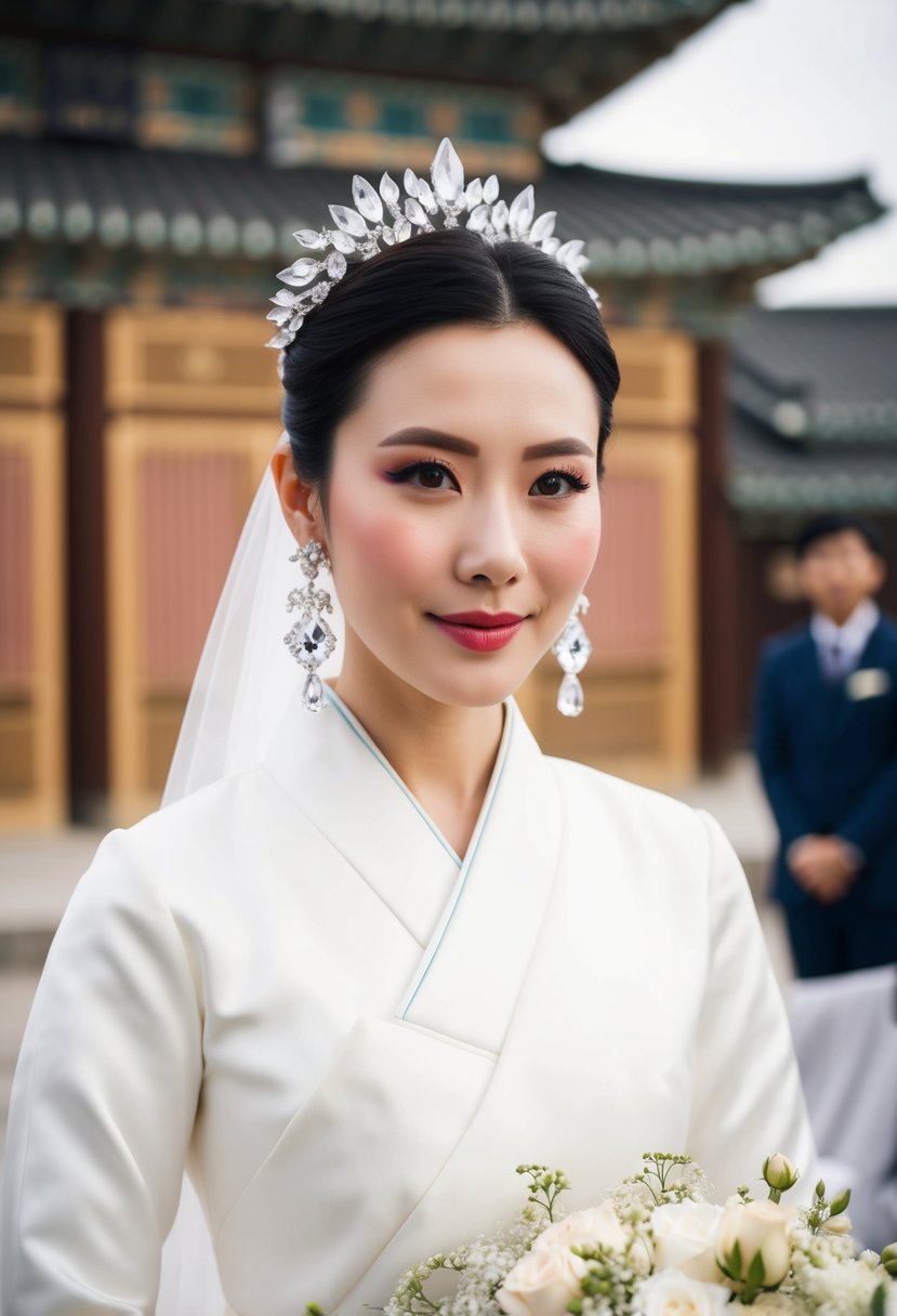 A bride wearing elegant Luxe Crystal Teardrop Earrings, standing in front of a traditional Korean wedding backdrop