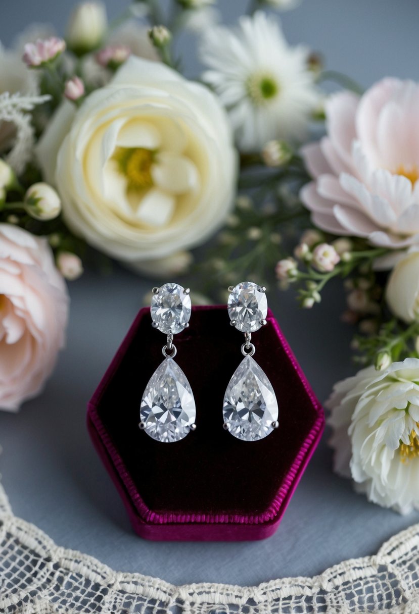 A pair of statement cubic zirconia drop earrings displayed on a velvet cushion, surrounded by delicate floral and lace wedding decor