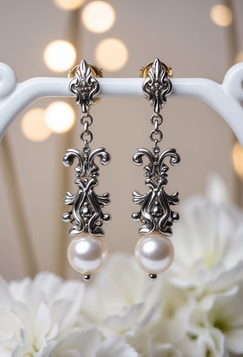 Elegant pearl dangle earrings with intricate Baroque design, inspired by Korean wedding aesthetics