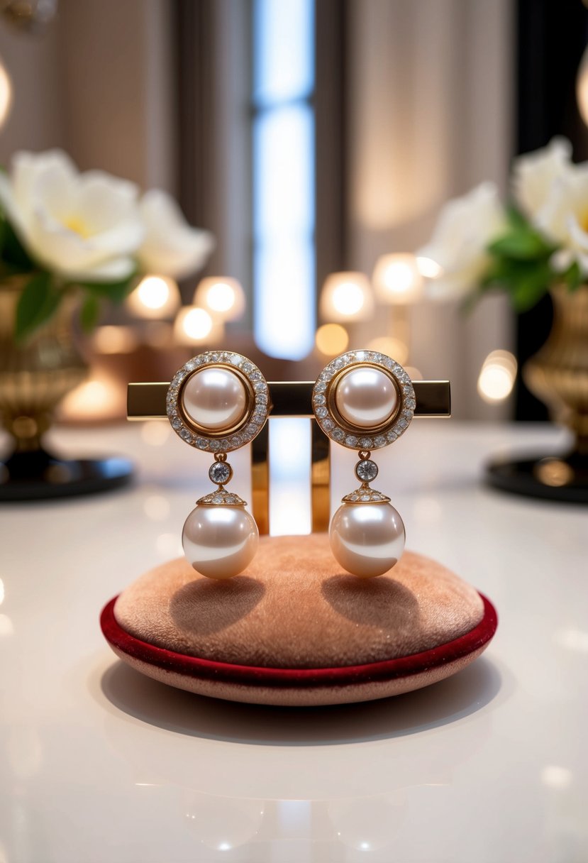 A pair of Bvlgari High Jewelry Pearls Earrings displayed on a luxurious velvet cushion, surrounded by soft lighting and elegant decor