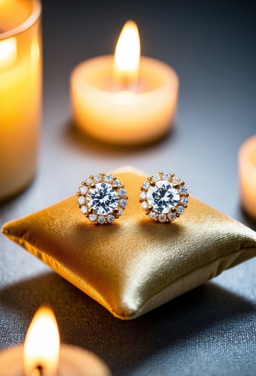 Two sparkling gold-plated cubic zirconia studs arranged on a velvet cushion, surrounded by soft candlelight