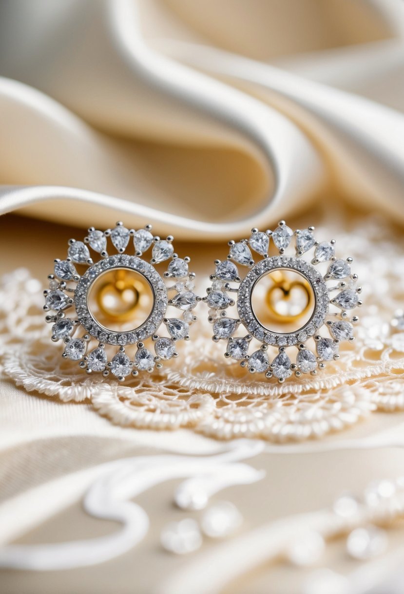 A sparkling pair of halo stud earrings, featuring intricate Korean wedding design, set against a luxurious background of silk and lace