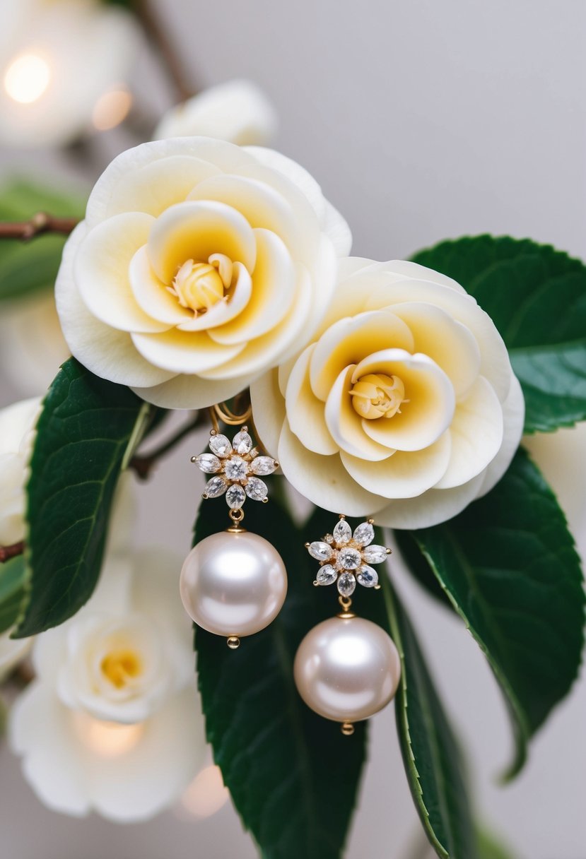 A delicate pair of pearl earrings adorned with draped camellia flowers, creating an elegant and romantic wedding accessory