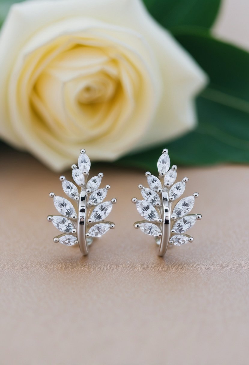 A pair of elegant leaf-shaped earrings with sparkling cubic zirconia stones, perfect for a wedding ensemble