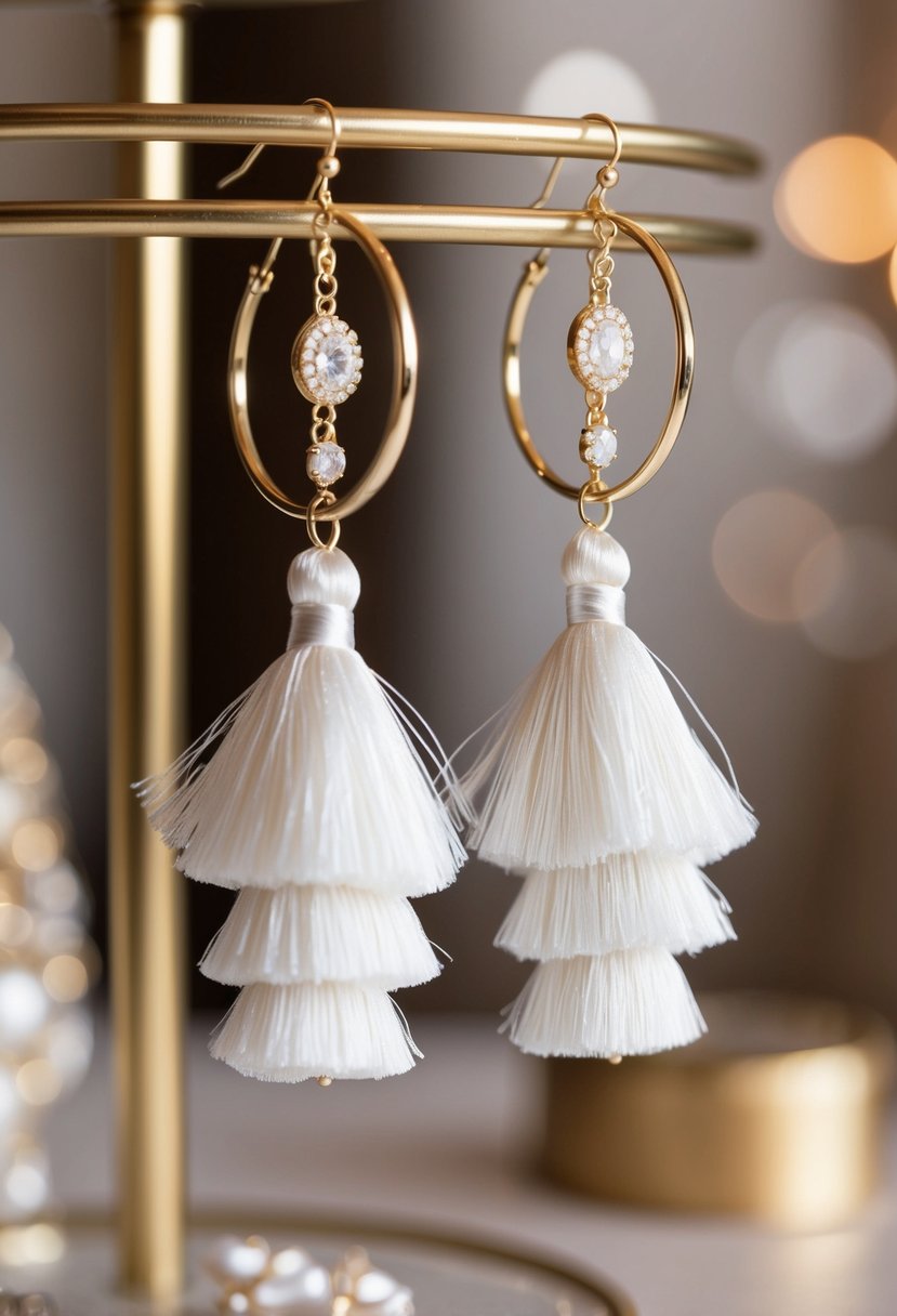 A pair of elegant silk tassel hoops hanging from a gold wedding earring display