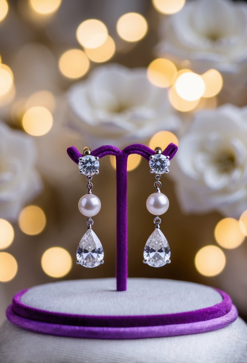 A sparkling pair of diamond and pearl drop earrings displayed on a velvet cushion, surrounded by soft, romantic lighting