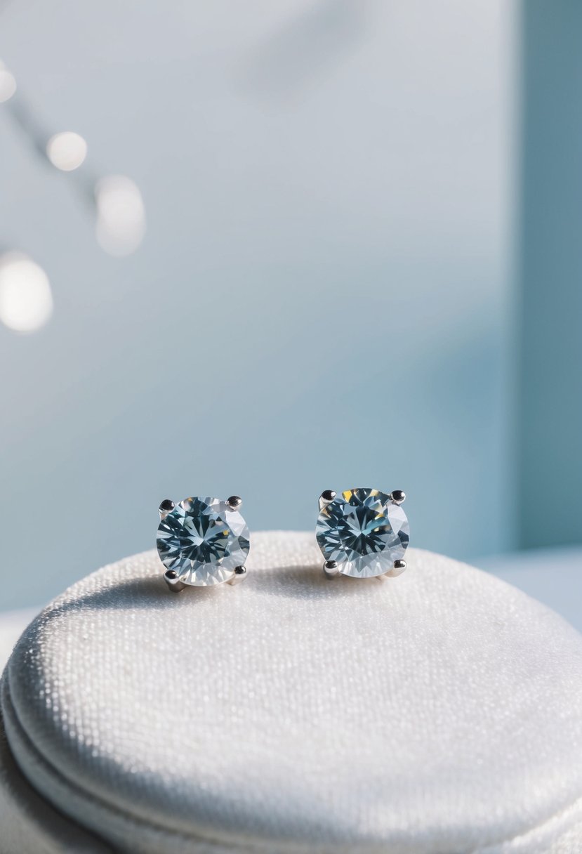 A pair of minimalist cubic zirconia studs displayed on a white velvet cushion against a clean, modern backdrop