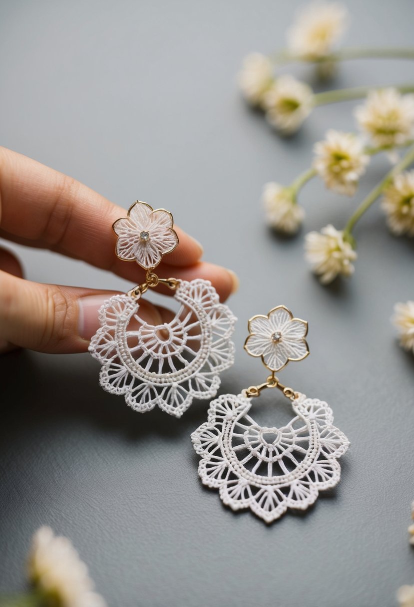 A delicate lace motif earring design inspired by Korean wedding traditions, featuring intricate handmade details and elegant craftsmanship