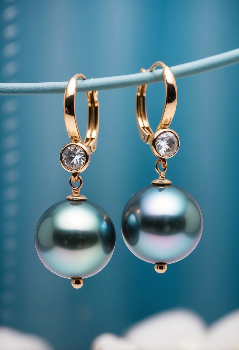 A pair of Tahitian cultured pearl earrings hanging from a delicate blue Nile backdrop, evoking elegance and sophistication for a wedding ensemble