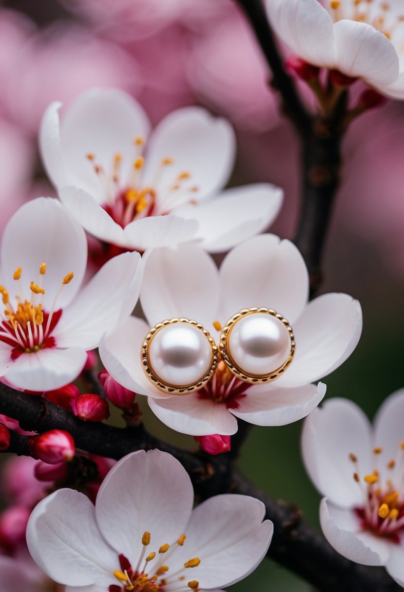 Two delicate pearl studs nestled on a bed of cherry blossom petals