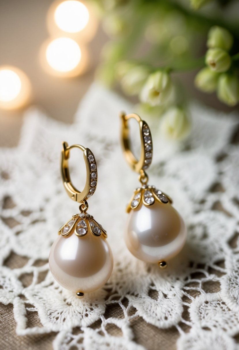 A close-up of vintage pearl droplet earrings on a lace background, with soft lighting to showcase the elegant details