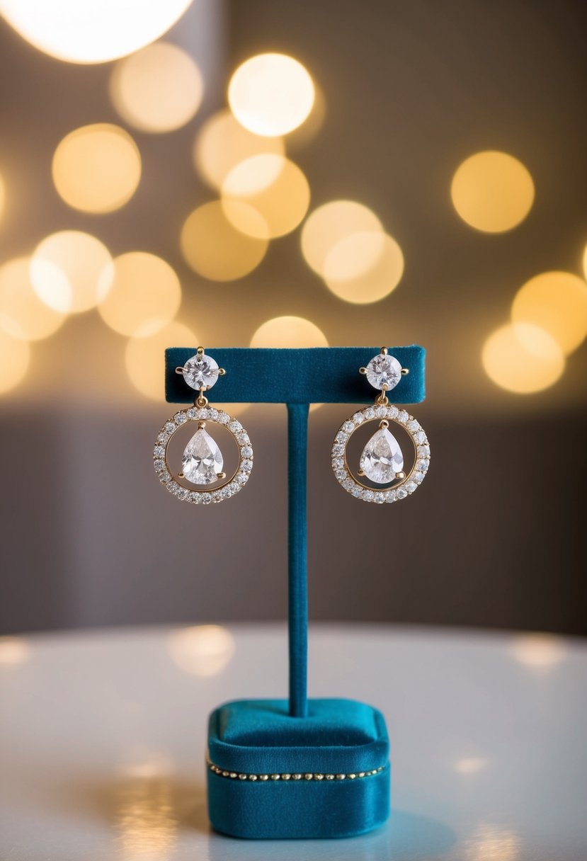 A pair of sparkling cubic zirconia halo bridal earrings displayed on a velvet jewelry stand under soft, warm lighting