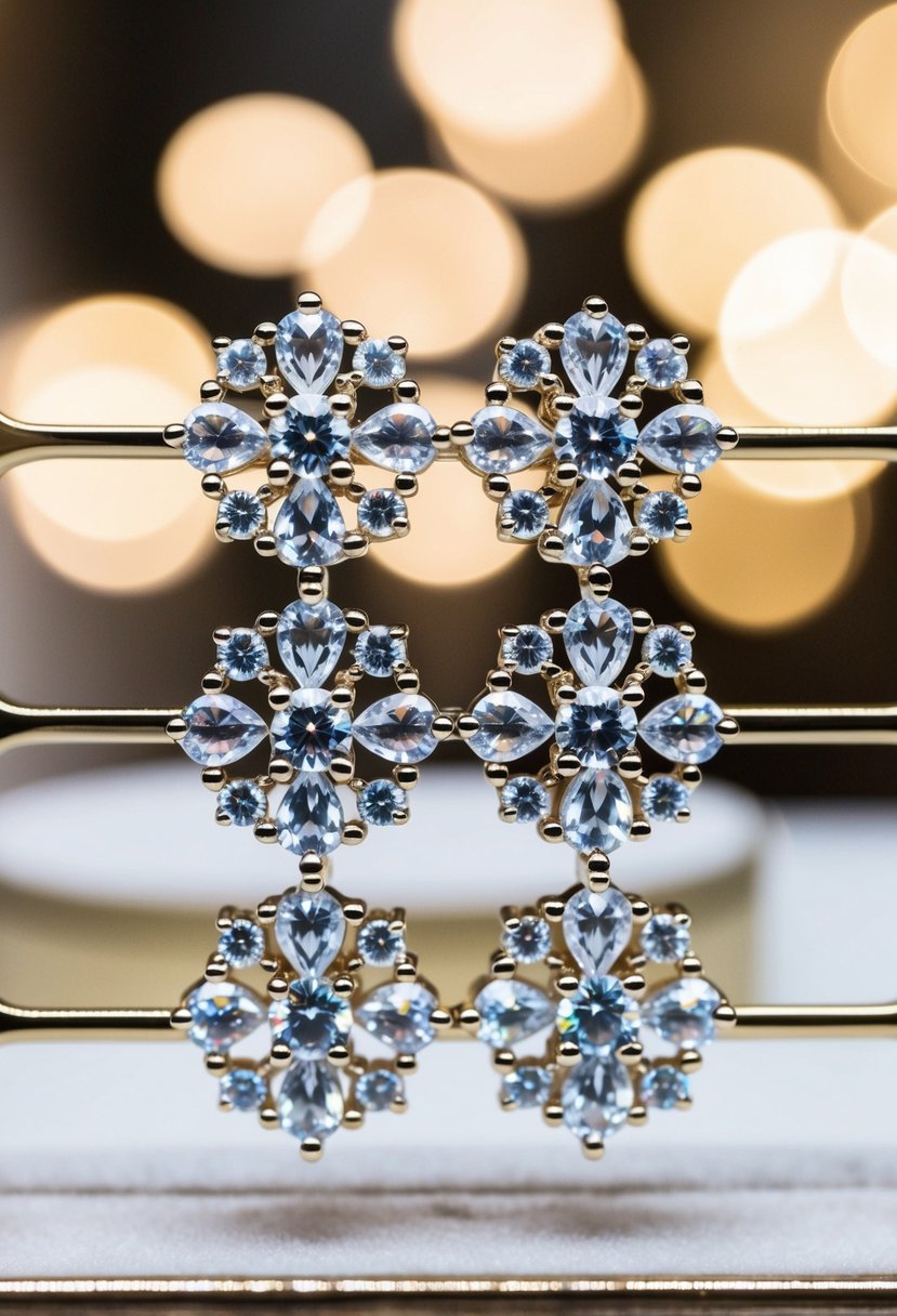 A pair of sparkling cubic zirconia climbers arranged in a Korean wedding earring display