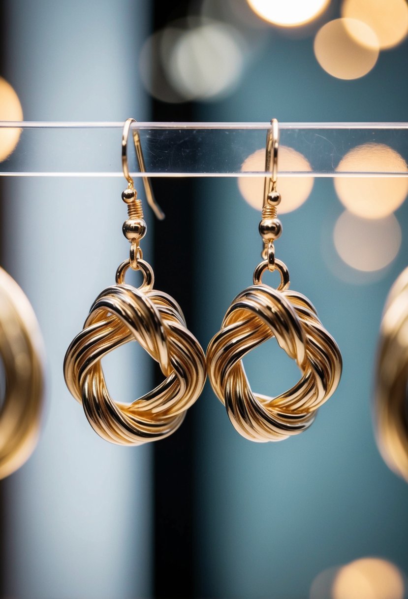 Two delicate knot earrings, inspired by Korean wedding traditions, hang from a jewelry display, catching the light with their intricate design