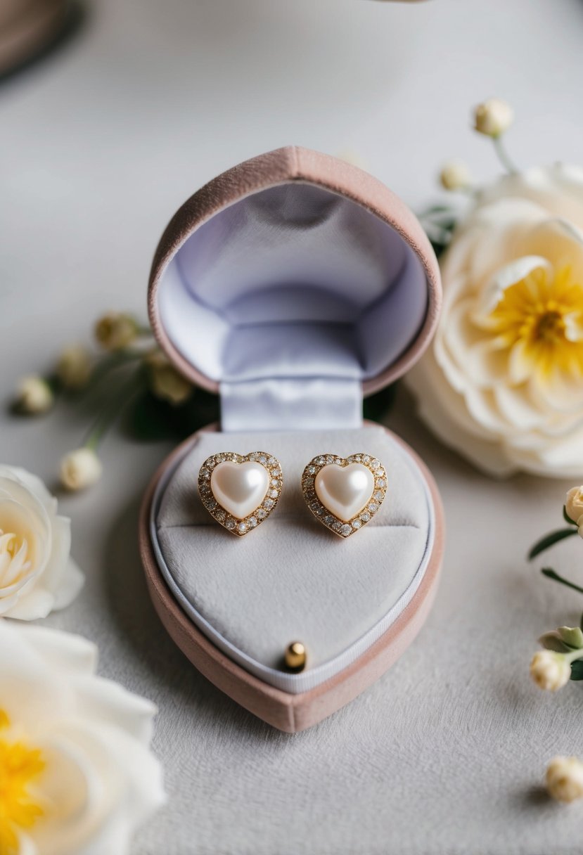 A delicate pair of heart-shaped pearl earrings displayed on a velvet cushion, surrounded by soft lighting and floral accents