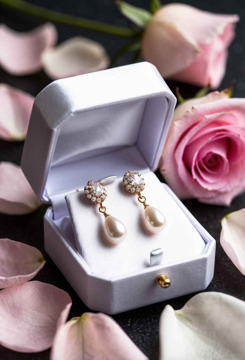 A white satin jewelry box with pearl drop wedding earrings inside, surrounded by soft pink rose petals