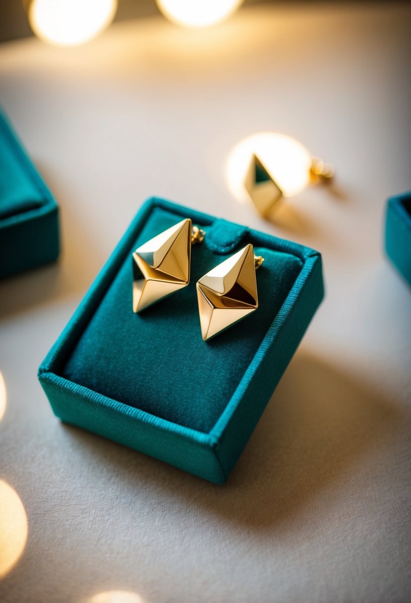 A pair of geometric gold plated earrings displayed on a velvet cushion with soft lighting