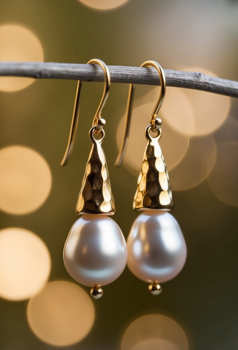 A golden keshi pearl earring dangles from a hammered organic gold setting, catching the light with its lustrous sheen