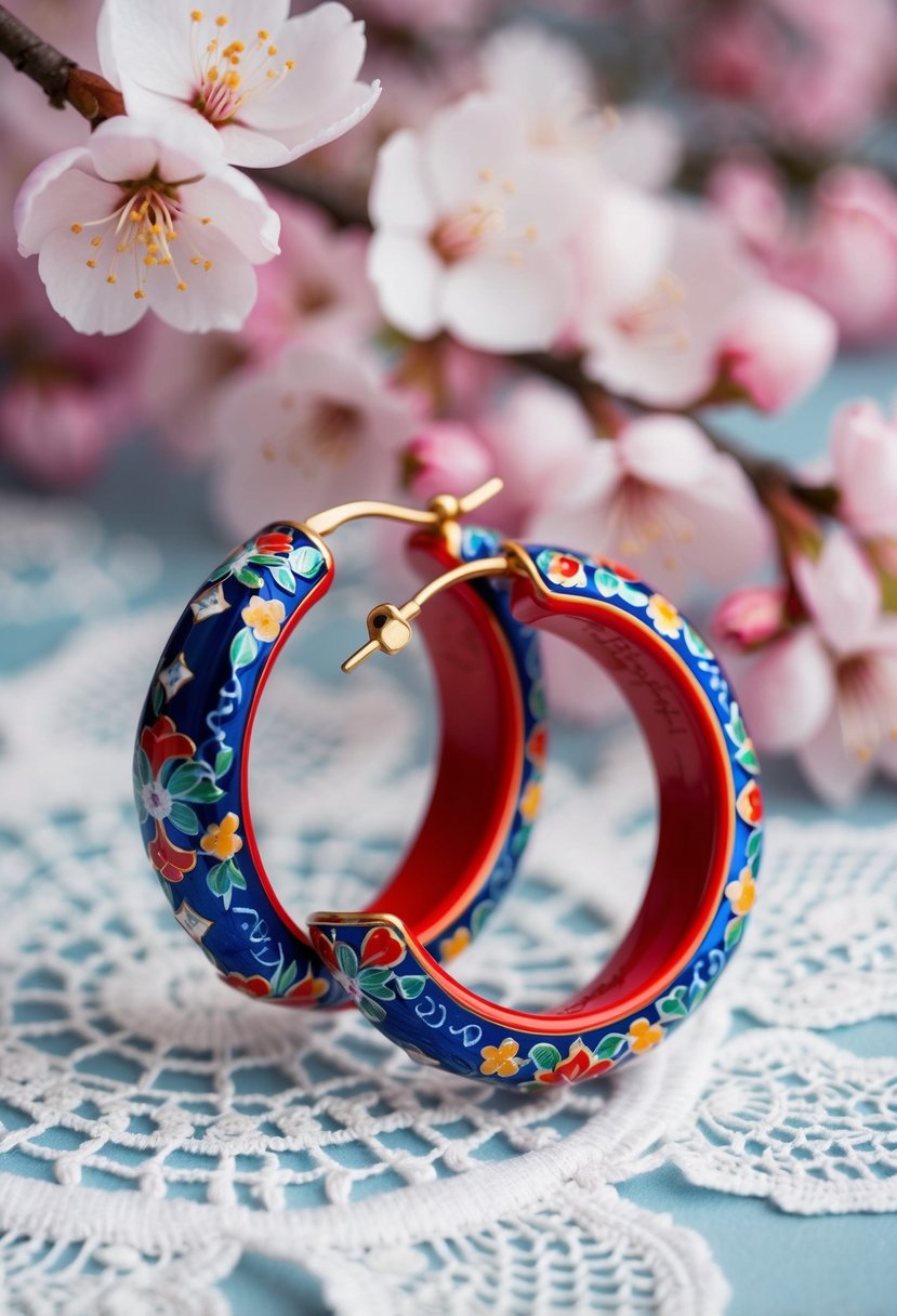 A pair of colorful enamel hoops adorned with traditional Korean wedding motifs, set against a backdrop of delicate cherry blossoms and intricate lace patterns