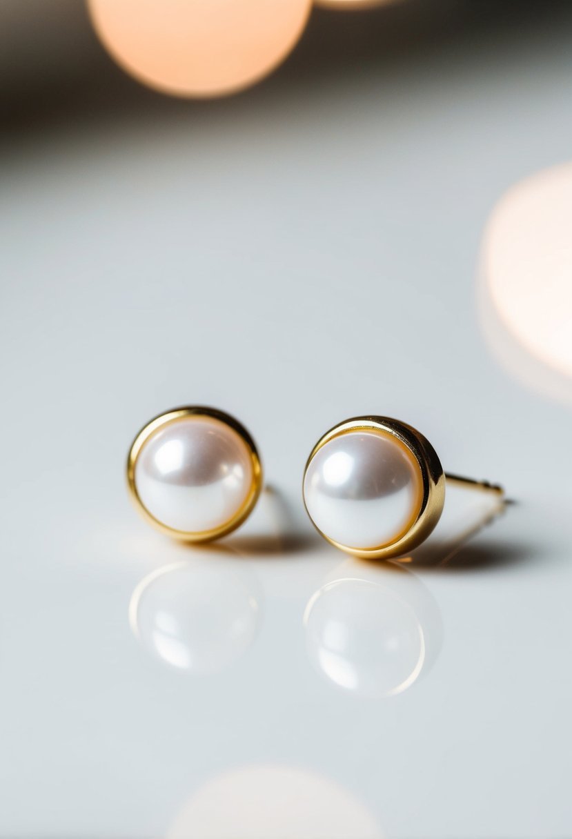 Two simple pearl stud earrings on a white surface with soft, natural lighting