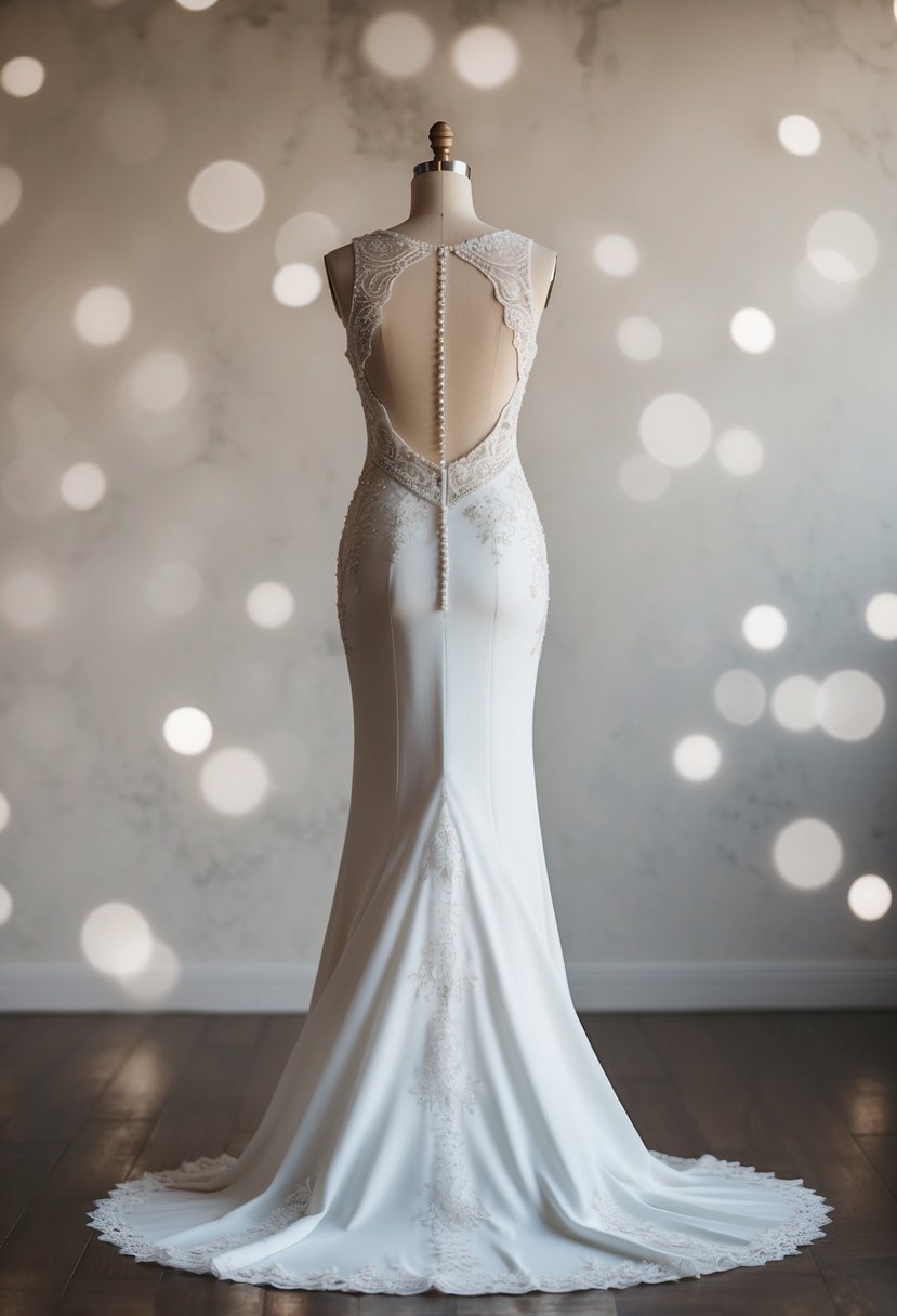 A sleek, form-fitting wedding dress with intricate lace and beading, accented with a delicate train and a low back